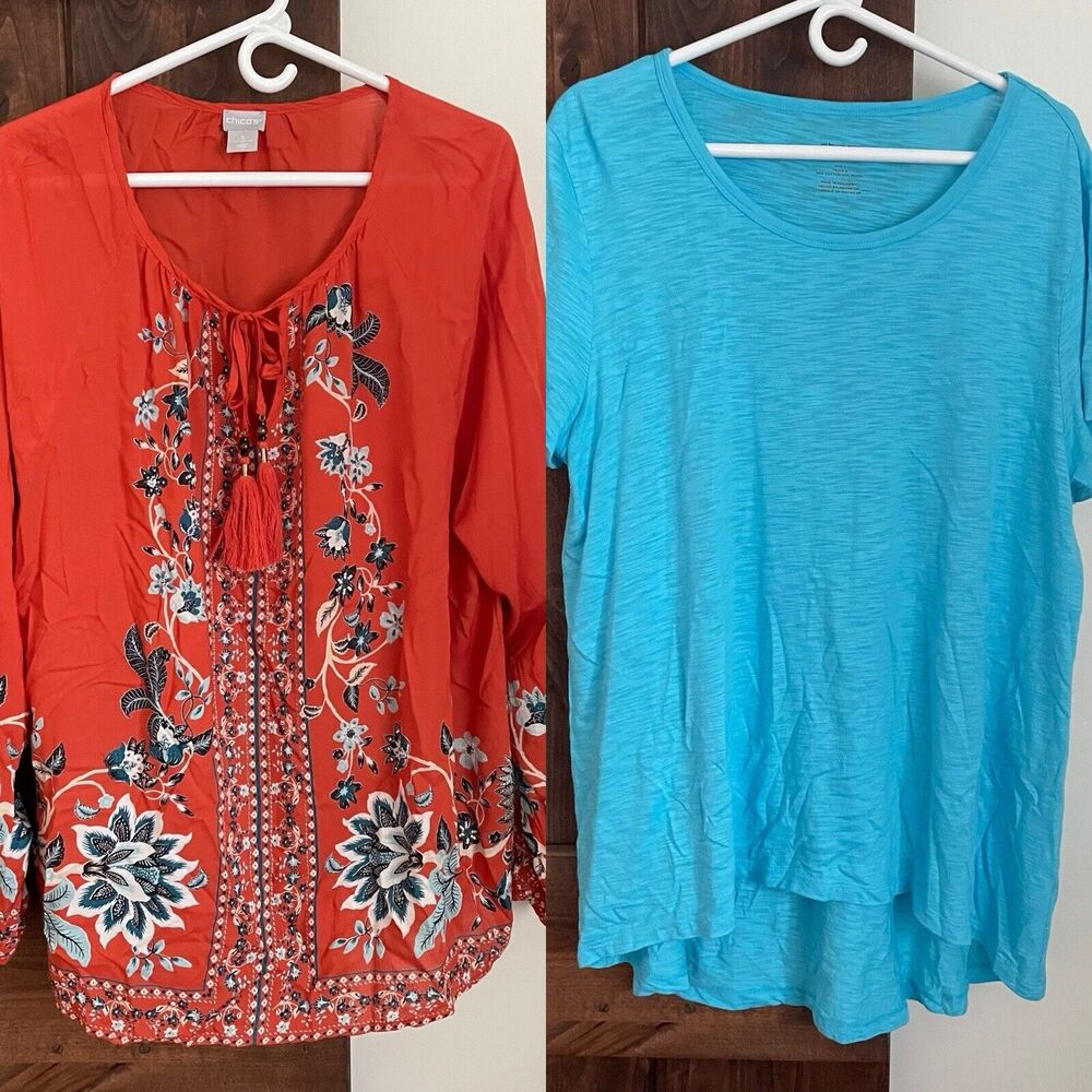 Chicos Top Bundle Size 3 XL Lot Of 2 Blouses Pattern Boho Hippie Solid Blue
